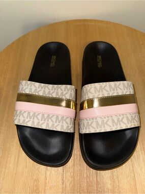 Michael Kors Beige MK Logo Slides with Pink and Gold Straps
